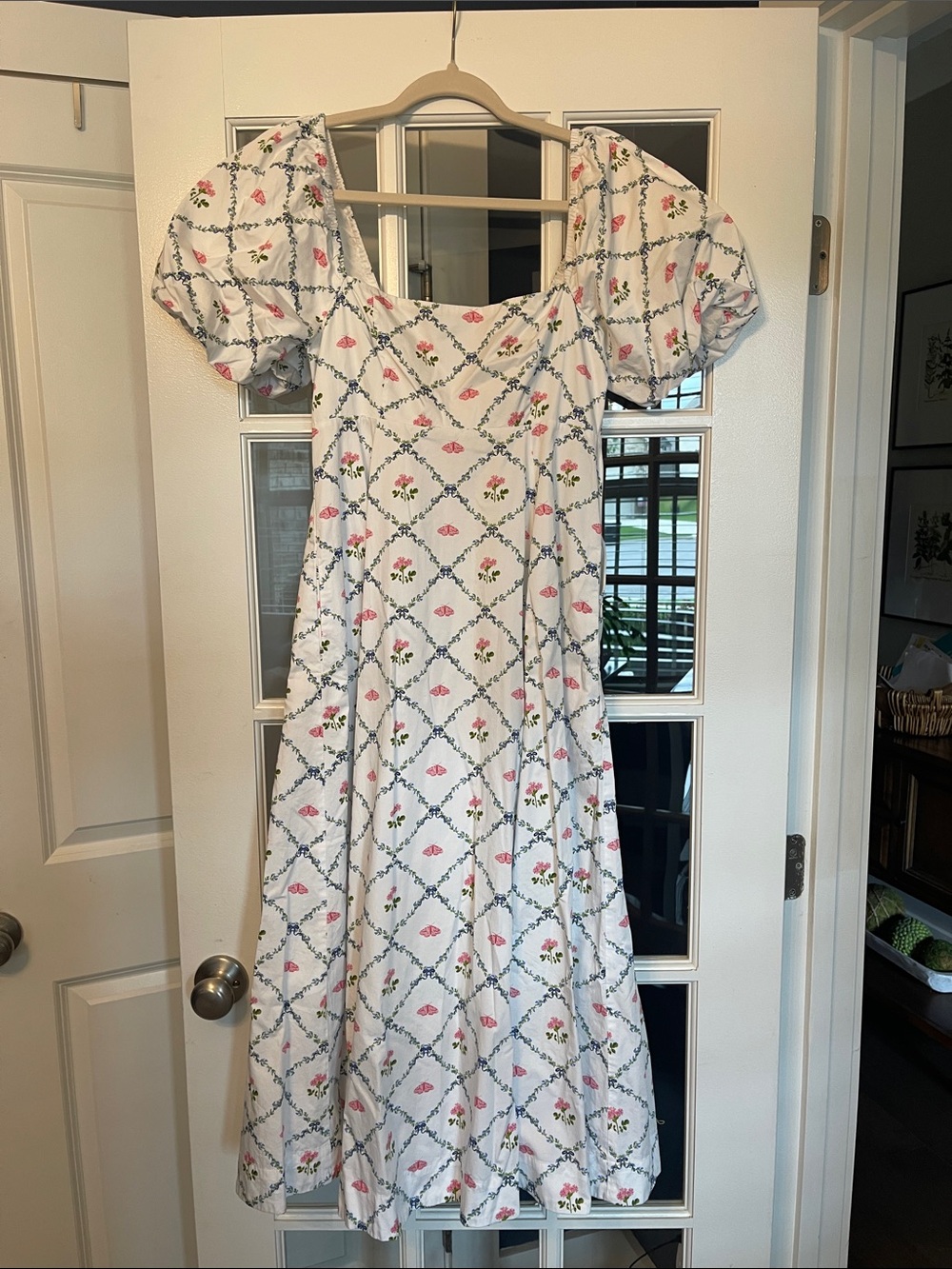 Hill House White Floral Butterfly Trellis Puff-Sleeve Midi Dress